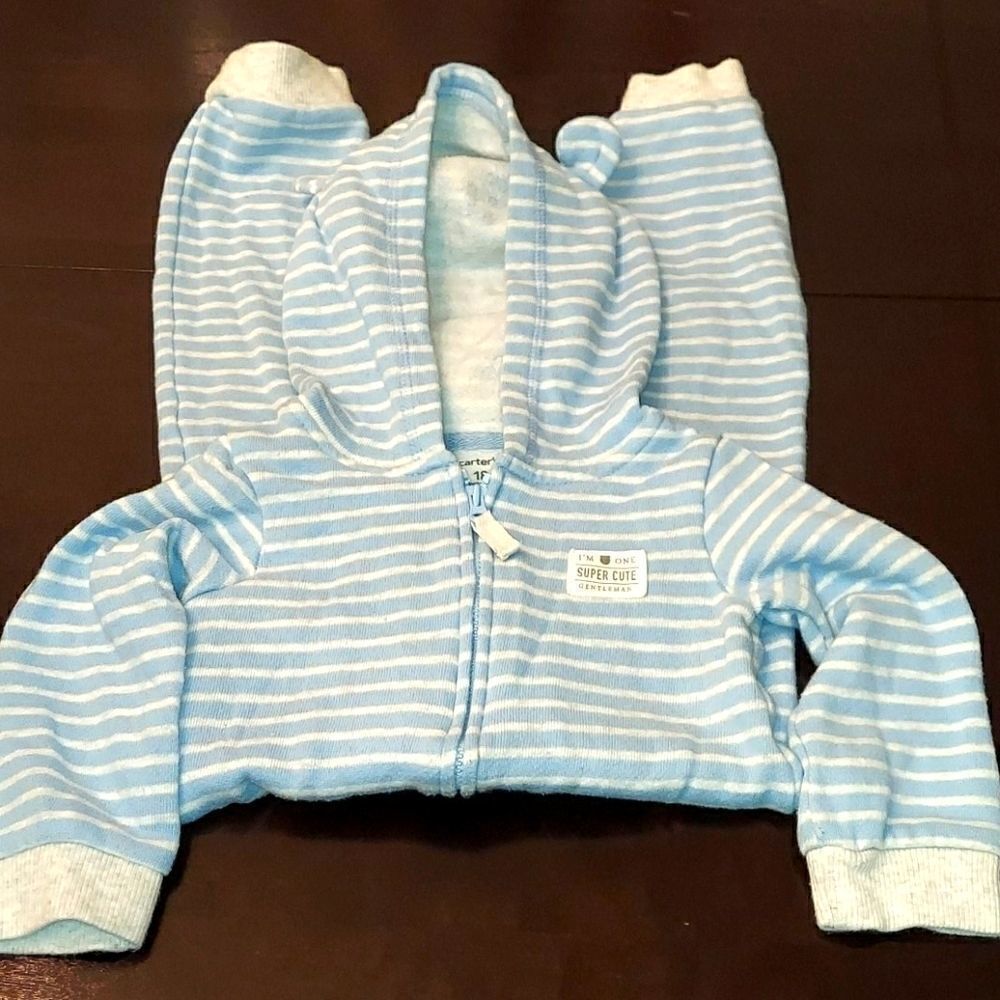 Carter's Light Blue Striped Hooded Jumpsuit 18M